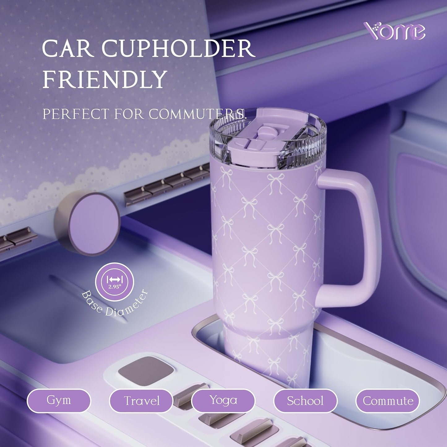 YOME 40oz Bow Cherry Tumbler Handle and Flip Straw | Stainless Steel Insulated Cute Water Bottle | Keeps Drinks Cold | Dishwasher Safe | Cupholder Friendly | Gift Gym Travel Yoga - Colors A