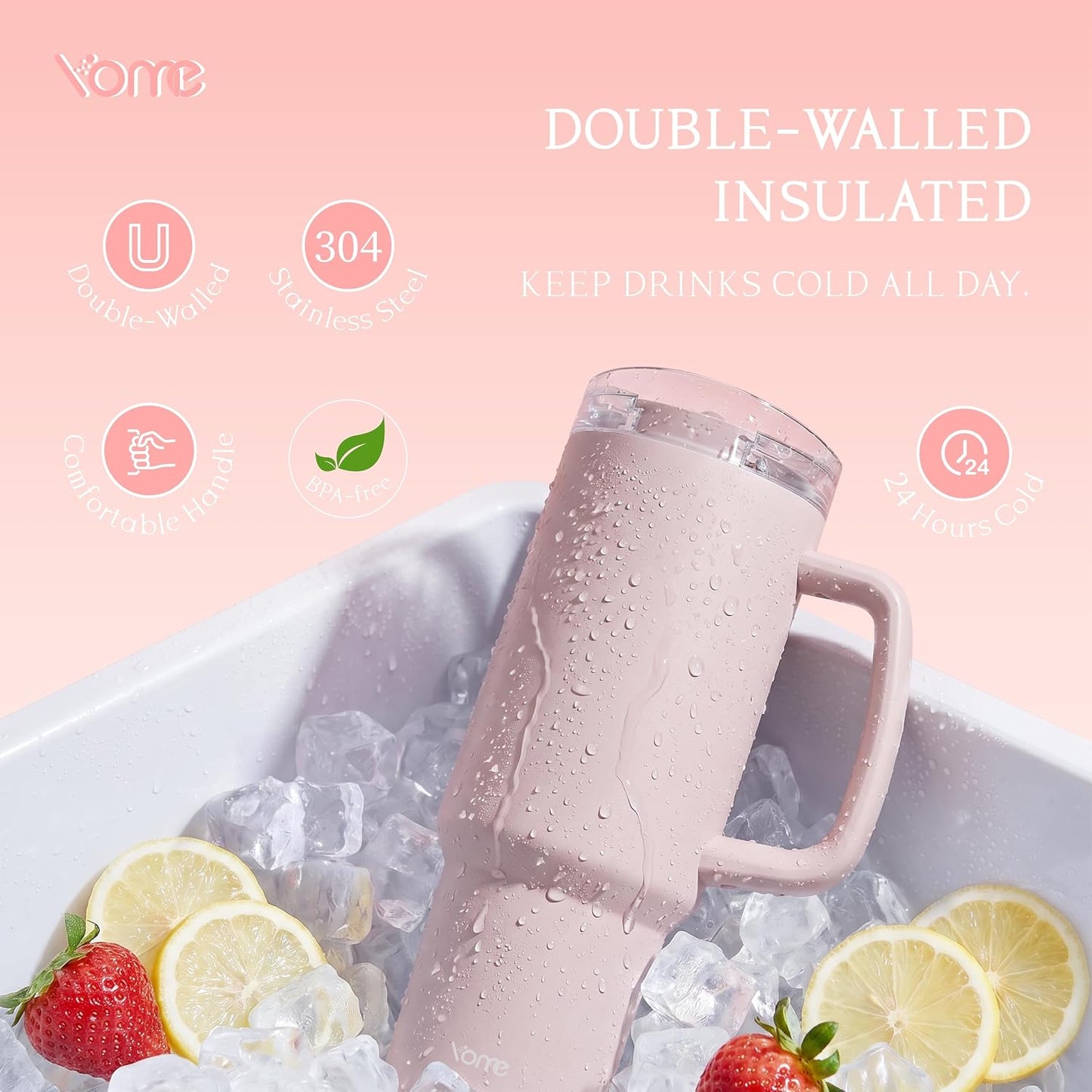 YOME 40oz Bow Cherry Tumbler Handle and Flip Straw | Stainless Steel Insulated Cute Water Bottle | Keeps Drinks Cold | Dishwasher Safe | Cupholder Friendly | Gift Gym Travel Yoga - Colors A