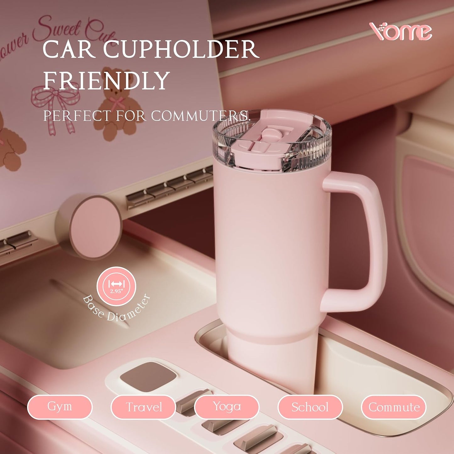 YOME 40oz Bow Cherry Tumbler Handle and Flip Straw | Stainless Steel Insulated Cute Water Bottle | Keeps Drinks Cold | Dishwasher Safe | Cupholder Friendly | Gift Gym Travel Yoga - Colors A