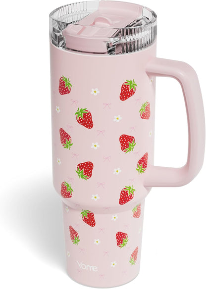 YOME 40oz Bow Cherry Tumbler Handle and Flip Straw | Stainless Steel Insulated Cute Water Bottle | Keeps Drinks Cold | Dishwasher Safe | Cupholder Friendly | Gift Gym Travel Yoga - Colors A