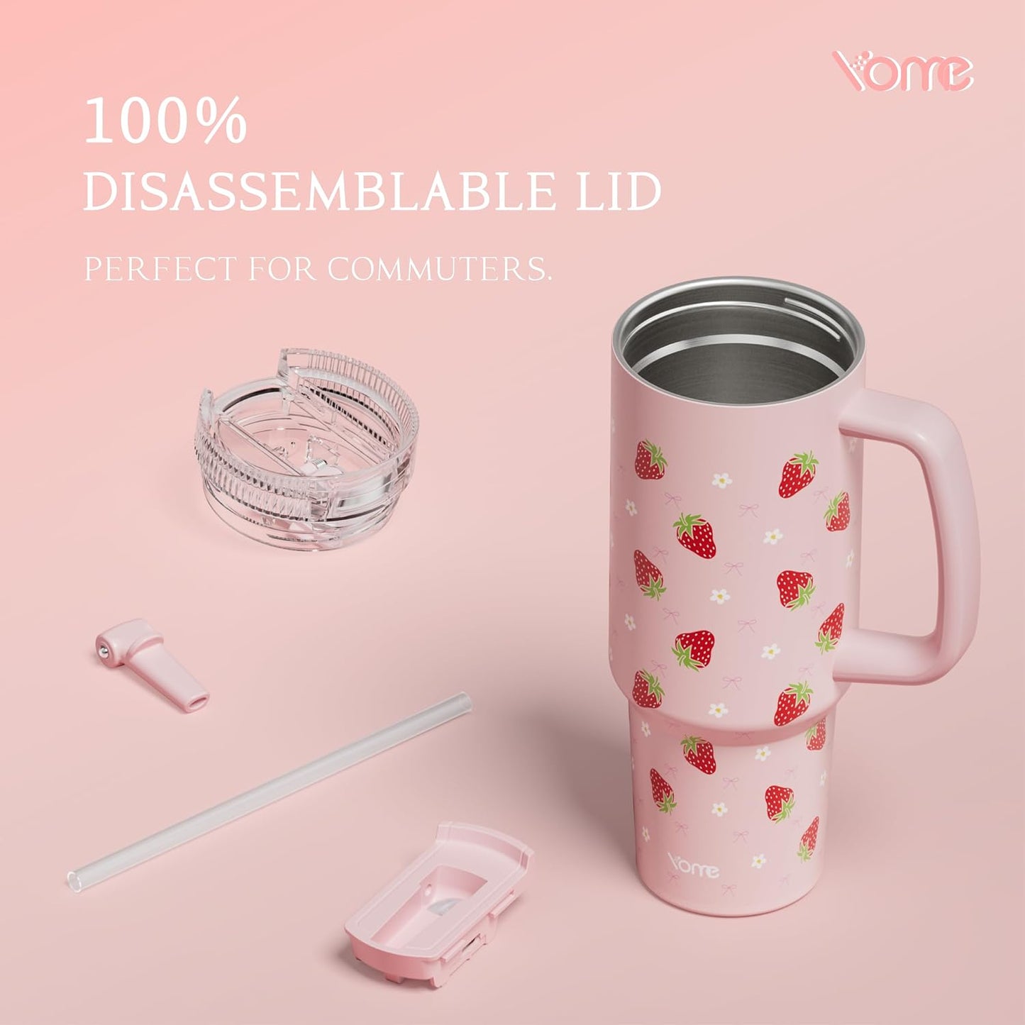 YOME 40oz Bow Cherry Tumbler Handle and Flip Straw | Stainless Steel Insulated Cute Water Bottle | Keeps Drinks Cold | Dishwasher Safe | Cupholder Friendly | Gift Gym Travel Yoga - Colors A