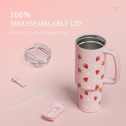 YOME 40oz Bow Cherry Tumbler Handle and Flip Straw | Stainless Steel Insulated Cute Water Bottle | Keeps Drinks Cold | Dishwasher Safe | Cupholder Friendly | Gift Gym Travel Yoga - Colors A