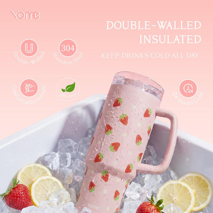 YOME 40oz Bow Cherry Tumbler Handle and Flip Straw | Stainless Steel Insulated Cute Water Bottle | Keeps Drinks Cold | Dishwasher Safe | Cupholder Friendly | Gift Gym Travel Yoga - Colors A
