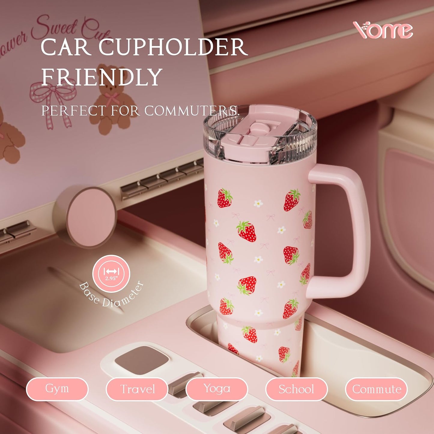 YOME 40oz Bow Cherry Tumbler Handle and Flip Straw | Stainless Steel Insulated Cute Water Bottle | Keeps Drinks Cold | Dishwasher Safe | Cupholder Friendly | Gift Gym Travel Yoga - Colors A