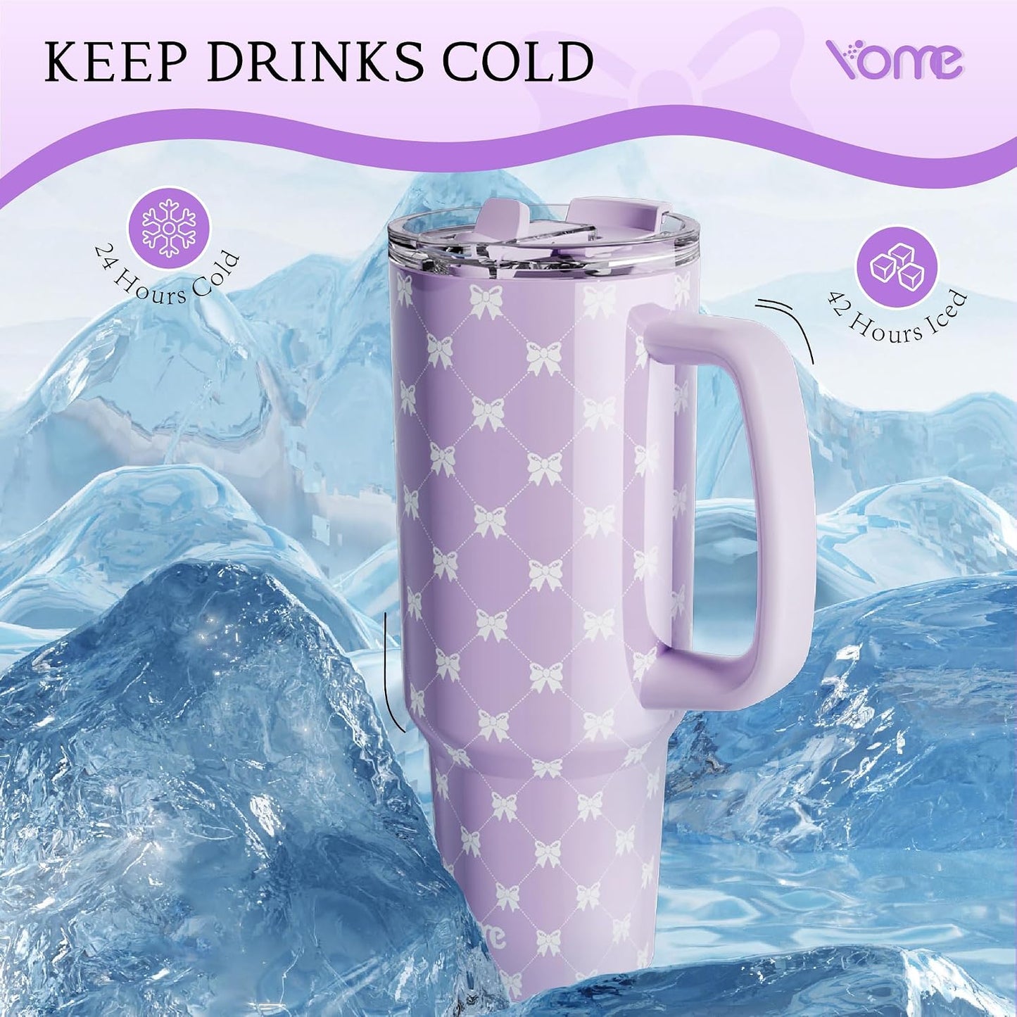 YOME 40oz Bow Cherry Tumbler Handle and Flip Straw | Stainless Steel Insulated Cute Water Bottle | Keeps Drinks Cold | Dishwasher Safe | Cupholder Friendly | Gift Gym Travel Yoga - Colors A
