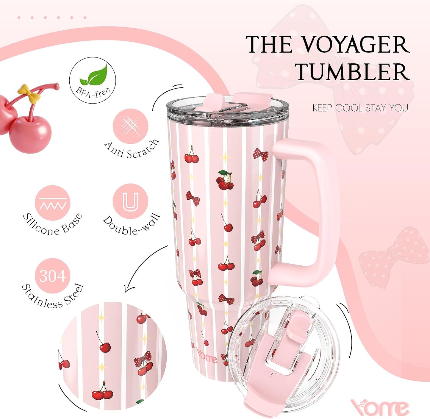 YOME 40oz Bow Cherry Tumbler Handle and Flip Straw | Stainless Steel Insulated Cute Water Bottle | Keeps Drinks Cold | Dishwasher Safe | Cupholder Friendly | Gift Gym Travel Yoga - Colors A