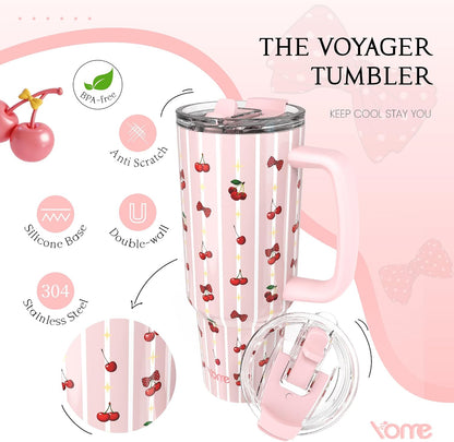 YOME 40oz Bow Cherry Tumbler Handle and Flip Straw | Stainless Steel Insulated Cute Water Bottle | Keeps Drinks Cold | Dishwasher Safe | Cupholder Friendly | Gift Gym Travel Yoga - Colors A