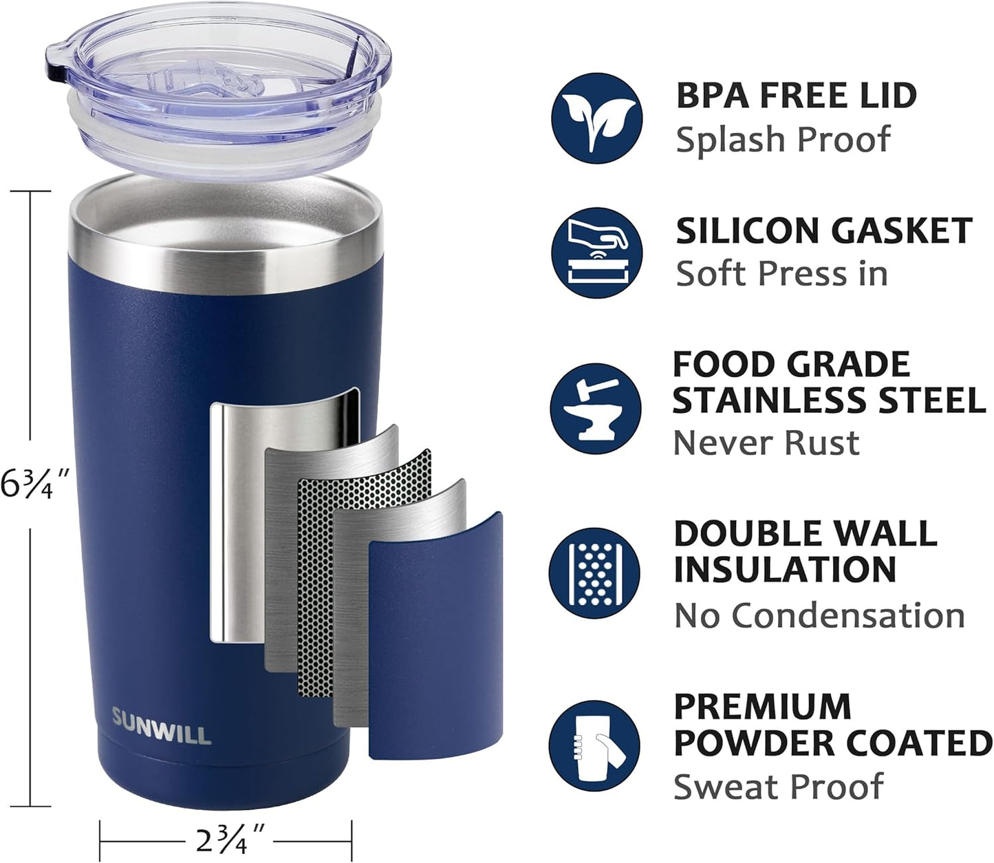 Travel Coffee Tumbler 20 oz, Insulated Mug with Lid, Stainless Steel Cup for Outdoor, Powder Coated Navy