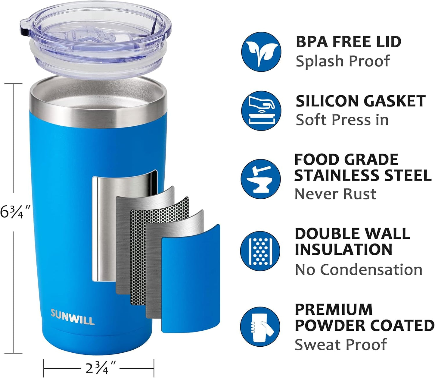 Travel Coffee Tumbler 20 oz, Insulated Mug with Lid, Stainless Steel Cup for Outdoor, Powder Coated Navy