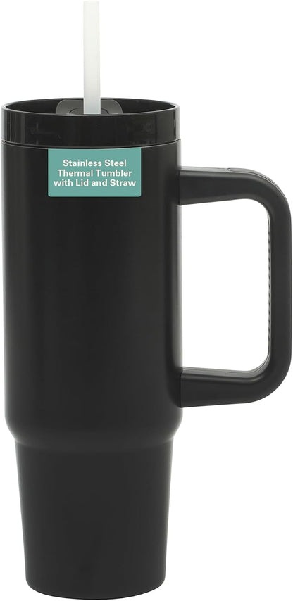 Gibson Home Marina 29-Ounce Stainless Steel Travel Tumbler with Carry Handle and Lid, Double Wall Insulated Mug, Leak-Resistant, Fits Car Cup Holder, Matte White