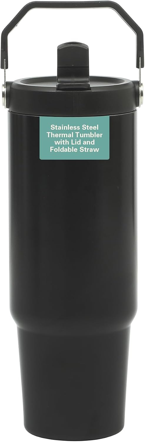 Gibson Home Marina 29-Ounce Stainless Steel Travel Tumbler with Carry Handle and Lid, Double Wall Insulated Mug, Leak-Resistant, Fits Car Cup Holder, Matte White