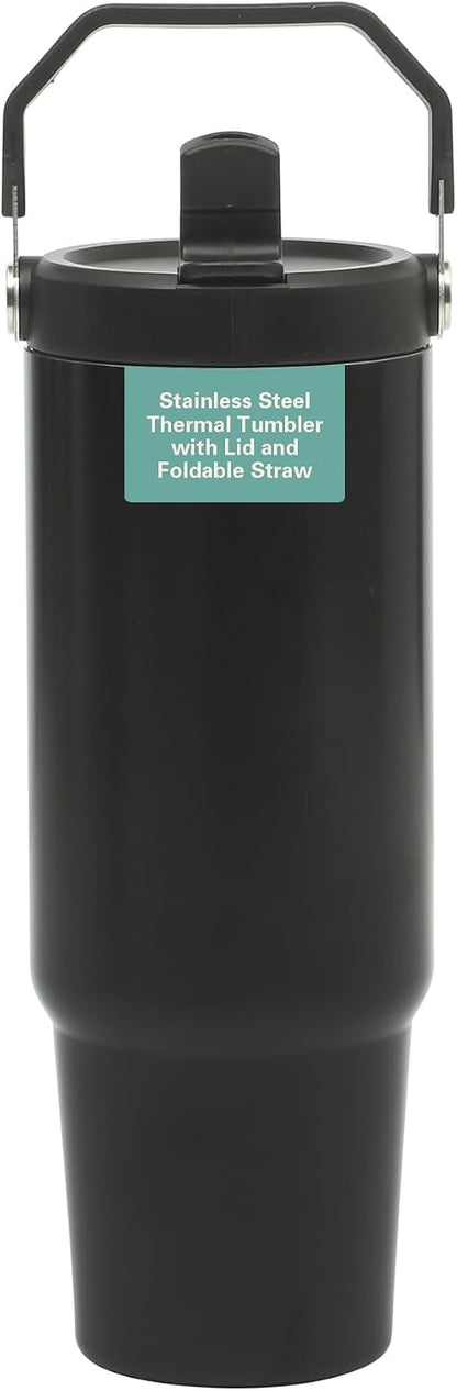 Gibson Home Marina 29-Ounce Stainless Steel Travel Tumbler with Carry Handle and Lid, Double Wall Insulated Mug, Leak-Resistant, Fits Car Cup Holder, Matte White