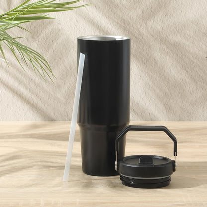 Gibson Home Marina 29-Ounce Stainless Steel Travel Tumbler with Carry Handle and Lid, Double Wall Insulated Mug, Leak-Resistant, Fits Car Cup Holder, Matte White