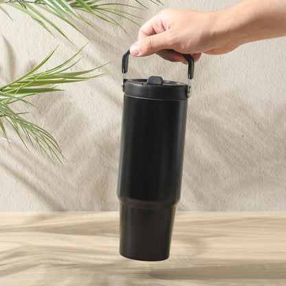 Gibson Home Marina 29-Ounce Stainless Steel Travel Tumbler with Carry Handle and Lid, Double Wall Insulated Mug, Leak-Resistant, Fits Car Cup Holder, Matte White