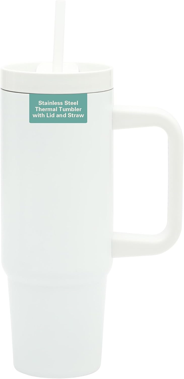 Gibson Home Marina 29-Ounce Stainless Steel Travel Tumbler with Carry Handle and Lid, Double Wall Insulated Mug, Leak-Resistant, Fits Car Cup Holder, Matte White