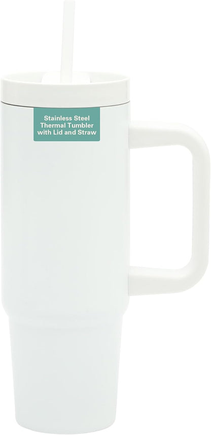 Gibson Home Marina 29-Ounce Stainless Steel Travel Tumbler with Carry Handle and Lid, Double Wall Insulated Mug, Leak-Resistant, Fits Car Cup Holder, Matte White