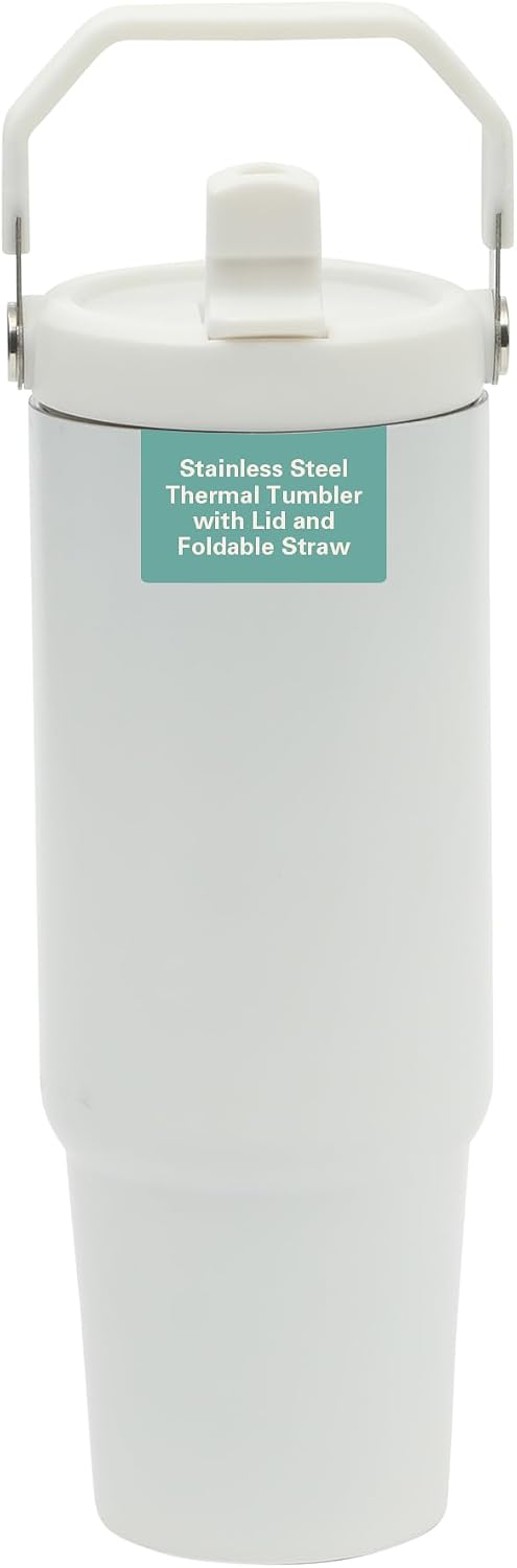 Gibson Home Marina 29-Ounce Stainless Steel Travel Tumbler with Carry Handle and Lid, Double Wall Insulated Mug, Leak-Resistant, Fits Car Cup Holder, Matte White