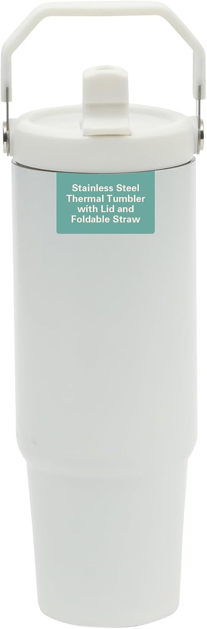 Gibson Home Marina 29-Ounce Stainless Steel Travel Tumbler with Carry Handle and Lid, Double Wall Insulated Mug, Leak-Resistant, Fits Car Cup Holder, Matte White
