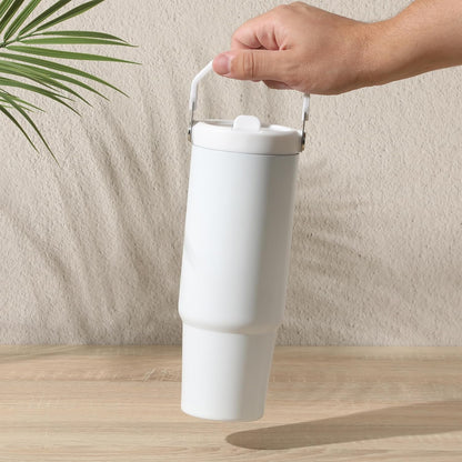Gibson Home Marina 29-Ounce Stainless Steel Travel Tumbler with Carry Handle and Lid, Double Wall Insulated Mug, Leak-Resistant, Fits Car Cup Holder, Matte White