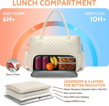 3-in-1 Insulated Lunch & Laptop Work Tote for Women, 15.6-Inch | Durable Lightweight Water-Resistant Quilted Polyester for Office, Teachers, Nurses & Daily Commutes, with 7 Organized Pockets