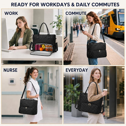 3-in-1 Insulated Lunch & Laptop Work Tote for Women, 15.6-Inch | Durable Lightweight Water-Resistant Quilted Polyester for Office, Teachers, Nurses & Daily Commutes, with 7 Organized Pockets