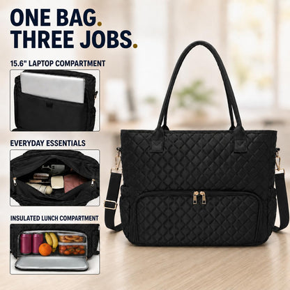 3-in-1 Insulated Lunch & Laptop Work Tote for Women, 15.6-Inch | Durable Lightweight Water-Resistant Quilted Polyester for Office, Teachers, Nurses & Daily Commutes, with 7 Organized Pockets