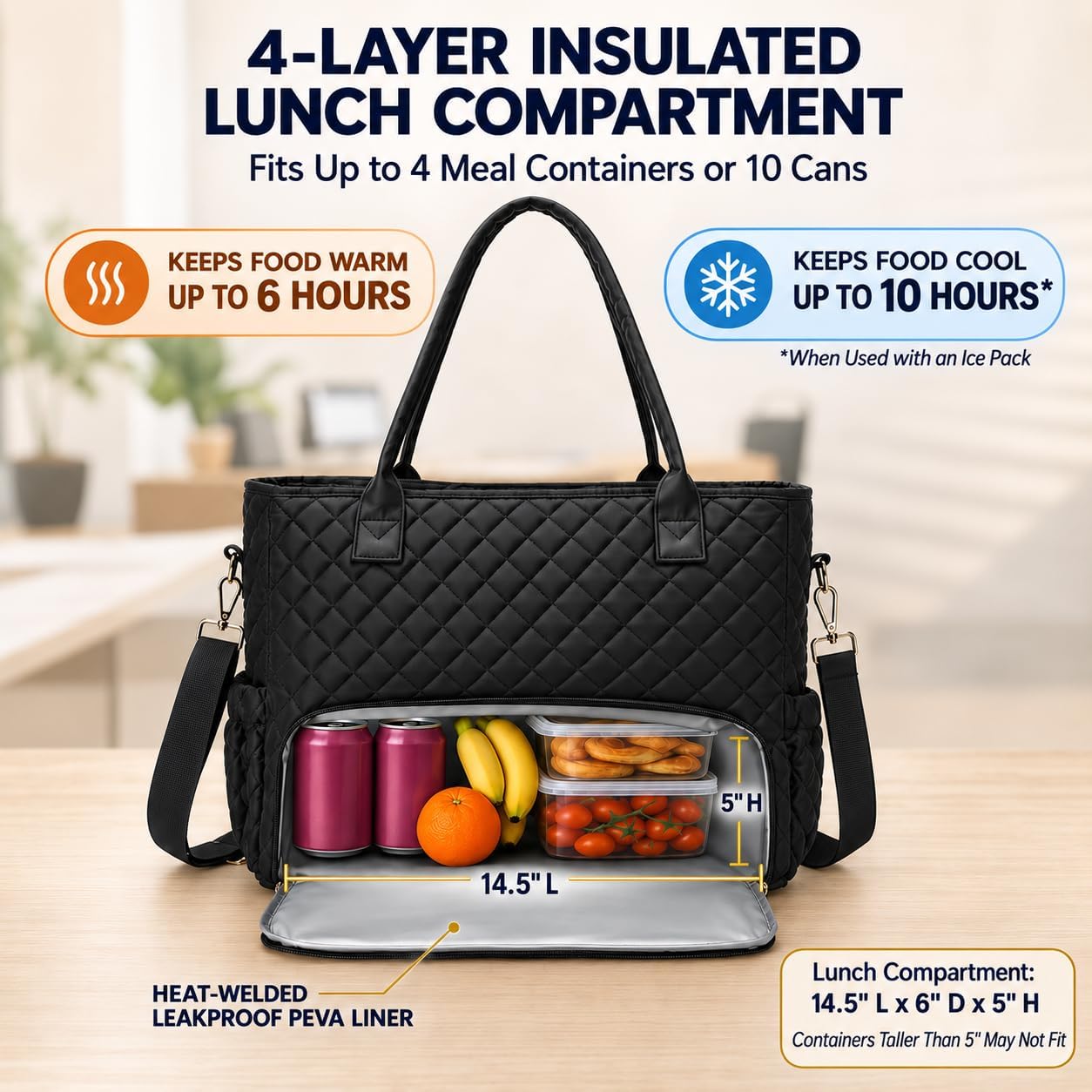 3-in-1 Insulated Lunch & Laptop Work Tote for Women, 15.6-Inch | Durable Lightweight Water-Resistant Quilted Polyester for Office, Teachers, Nurses & Daily Commutes, with 7 Organized Pockets