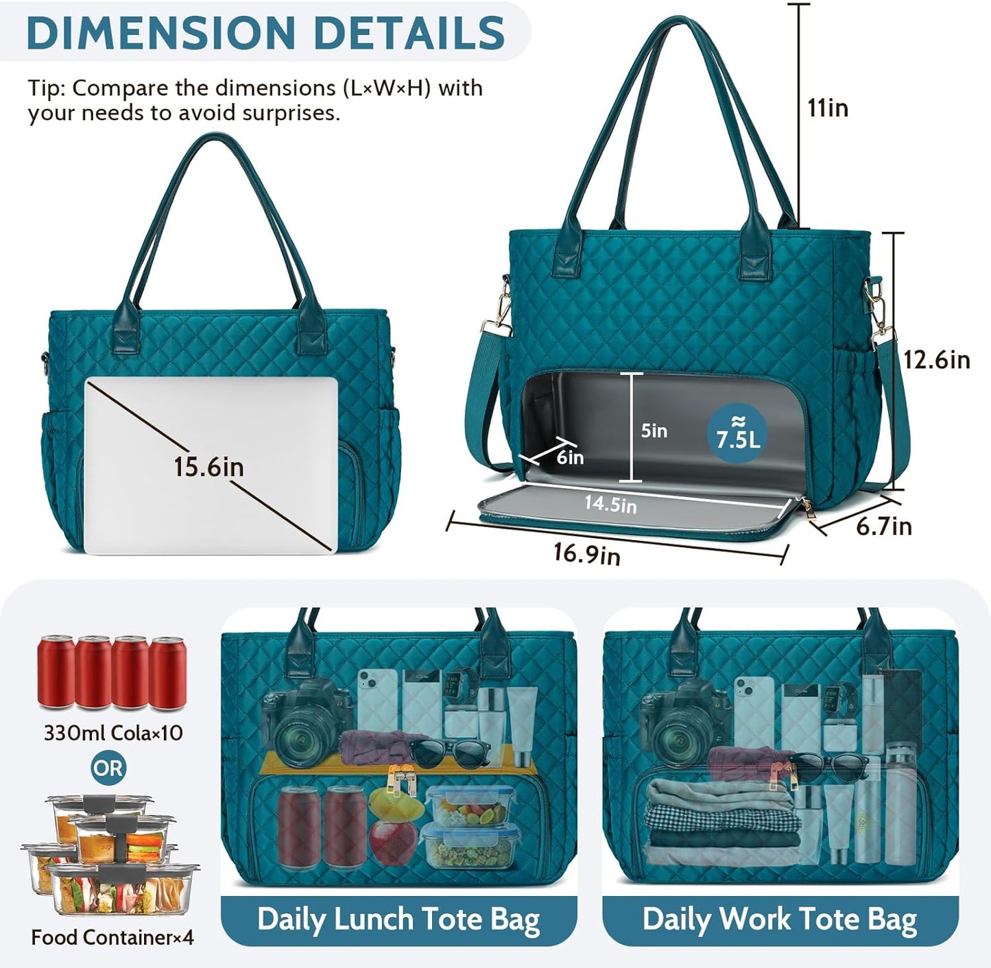 3-in-1 Insulated Lunch & Laptop Work Tote for Women, 15.6-Inch | Durable Lightweight Water-Resistant Quilted Polyester for Office, Teachers, Nurses & Daily Commutes, with 7 Organized Pockets