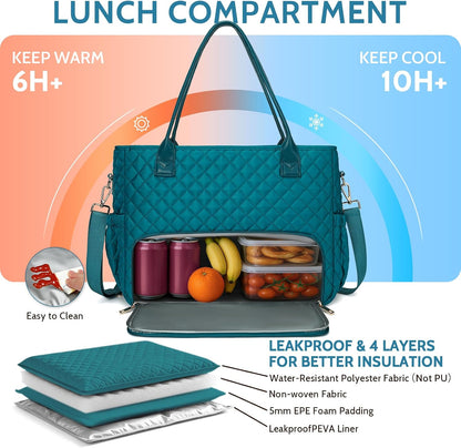 3-in-1 Insulated Lunch & Laptop Work Tote for Women, 15.6-Inch | Durable Lightweight Water-Resistant Quilted Polyester for Office, Teachers, Nurses & Daily Commutes, with 7 Organized Pockets