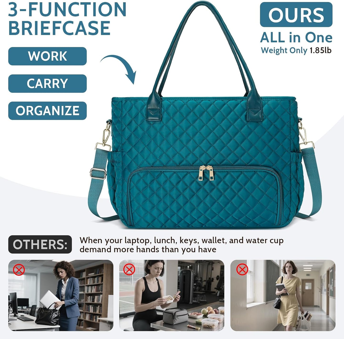 3-in-1 Insulated Lunch & Laptop Work Tote for Women, 15.6-Inch | Durable Lightweight Water-Resistant Quilted Polyester for Office, Teachers, Nurses & Daily Commutes, with 7 Organized Pockets