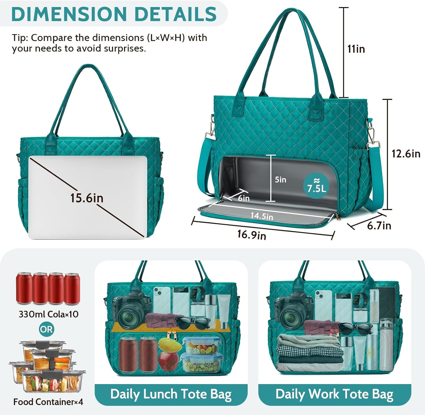 3-in-1 Insulated Lunch & Laptop Work Tote for Women, 15.6-Inch | Durable Lightweight Water-Resistant Quilted Polyester for Office, Teachers, Nurses & Daily Commutes, with 7 Organized Pockets