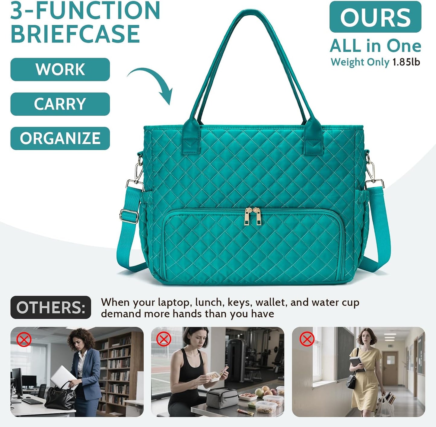 3-in-1 Insulated Lunch & Laptop Work Tote for Women, 15.6-Inch | Durable Lightweight Water-Resistant Quilted Polyester for Office, Teachers, Nurses & Daily Commutes, with 7 Organized Pockets