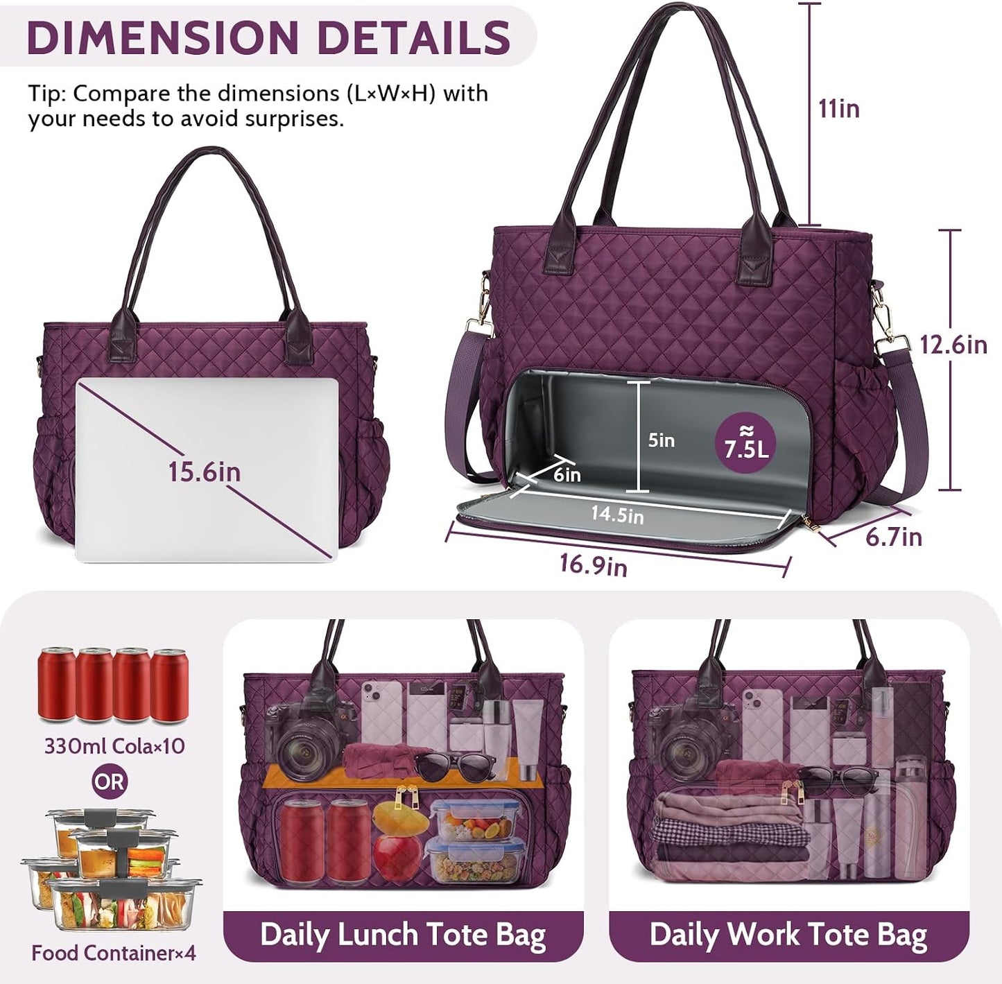3-in-1 Insulated Lunch & Laptop Work Tote for Women, 15.6-Inch | Durable Lightweight Water-Resistant Quilted Polyester for Office, Teachers, Nurses & Daily Commutes, with 7 Organized Pockets
