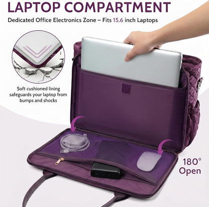3-in-1 Insulated Lunch & Laptop Work Tote for Women, 15.6-Inch | Durable Lightweight Water-Resistant Quilted Polyester for Office, Teachers, Nurses & Daily Commutes, with 7 Organized Pockets