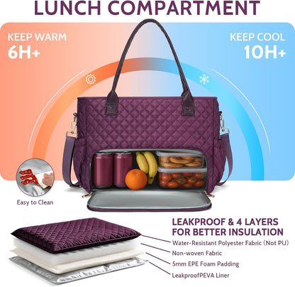 3-in-1 Insulated Lunch & Laptop Work Tote for Women, 15.6-Inch | Durable Lightweight Water-Resistant Quilted Polyester for Office, Teachers, Nurses & Daily Commutes, with 7 Organized Pockets