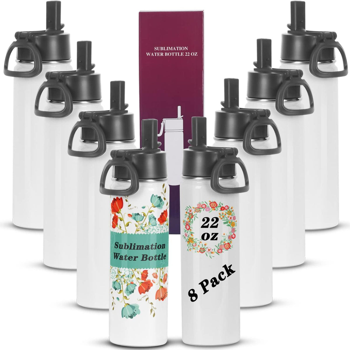 Sublimation Sports Water Bottle blanks, 22 Oz Sublimation Tumblers, Double Wall Stainless Steel Sports Water Bottle Flask with Portable Handle, Individually Boxed (8 Pack)