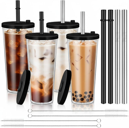 24 oz Reusable Iced Coffee Cups with Lids and Straws Leakproof Double Wall Insulated Clear Plastic Iced Coffee Tumblers with Straw Brushes