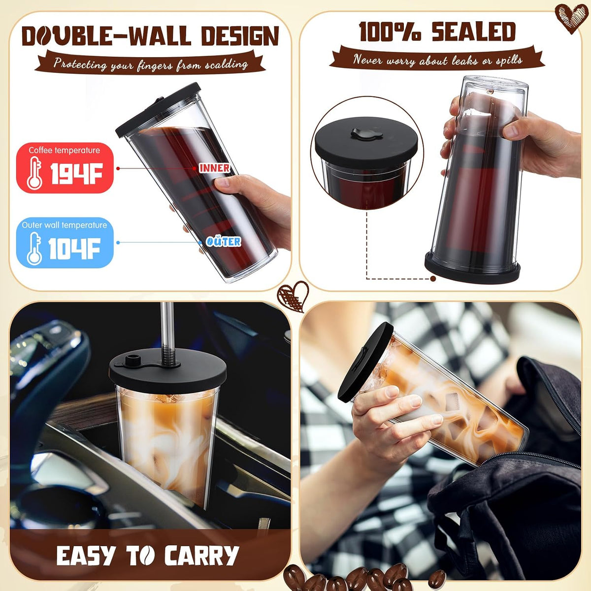 24 oz Reusable Iced Coffee Cups with Lids and Straws Leakproof Double Wall Insulated Clear Plastic Iced Coffee Tumblers with Straw Brushes