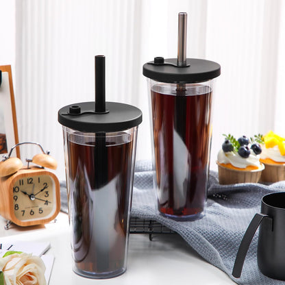 24 oz Reusable Iced Coffee Cups with Lids and Straws Leakproof Double Wall Insulated Clear Plastic Iced Coffee Tumblers with Straw Brushes