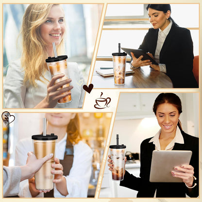 24 oz Reusable Iced Coffee Cups with Lids and Straws Leakproof Double Wall Insulated Clear Plastic Iced Coffee Tumblers with Straw Brushes