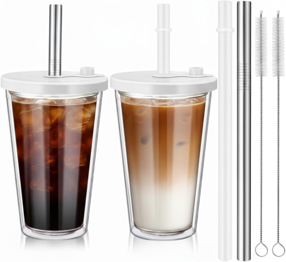 24 oz Reusable Iced Coffee Cups with Lids and Straws Leakproof Double Wall Insulated Clear Plastic Iced Coffee Tumblers with Straw Brushes