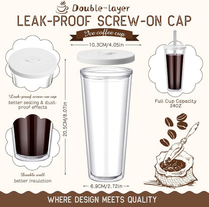 24 oz Reusable Iced Coffee Cups with Lids and Straws Leakproof Double Wall Insulated Clear Plastic Iced Coffee Tumblers with Straw Brushes