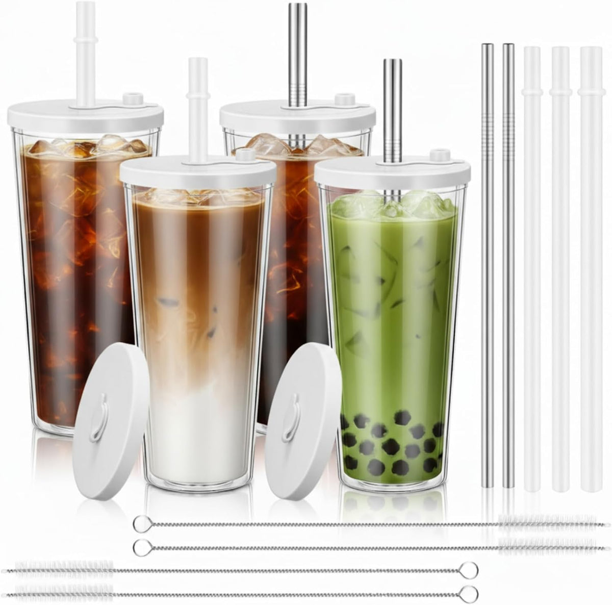 24 oz Reusable Iced Coffee Cups with Lids and Straws Leakproof Double Wall Insulated Clear Plastic Iced Coffee Tumblers with Straw Brushes