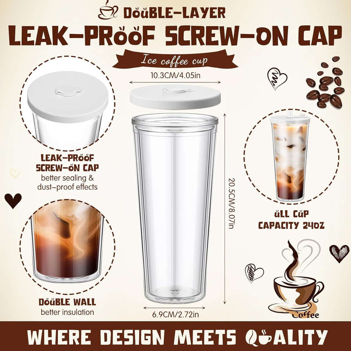 24 oz Reusable Iced Coffee Cups with Lids and Straws Leakproof Double Wall Insulated Clear Plastic Iced Coffee Tumblers with Straw Brushes