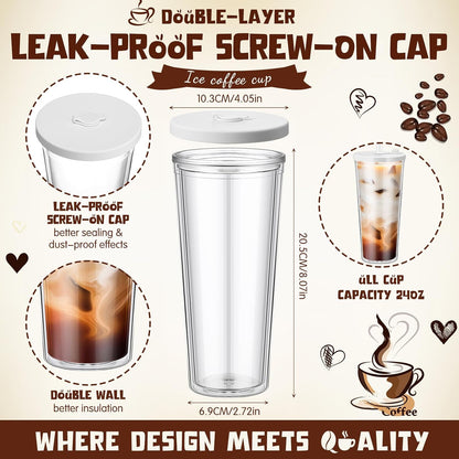 24 oz Reusable Iced Coffee Cups with Lids and Straws Leakproof Double Wall Insulated Clear Plastic Iced Coffee Tumblers with Straw Brushes