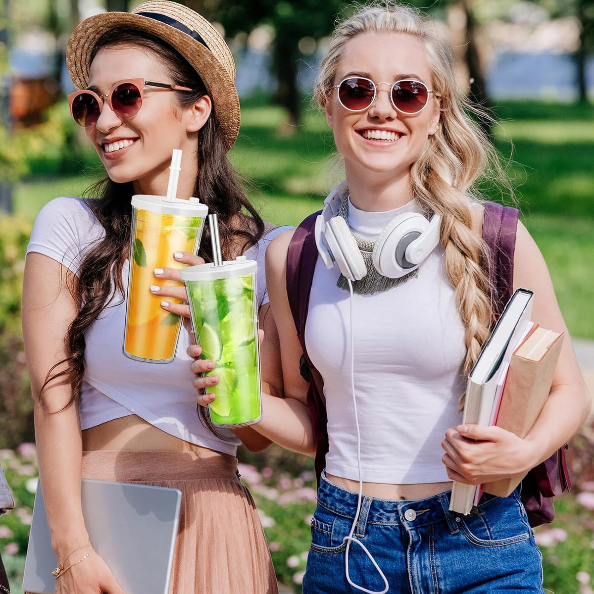 24 oz Reusable Iced Coffee Cups with Lids and Straws Leakproof Double Wall Insulated Clear Plastic Iced Coffee Tumblers with Straw Brushes