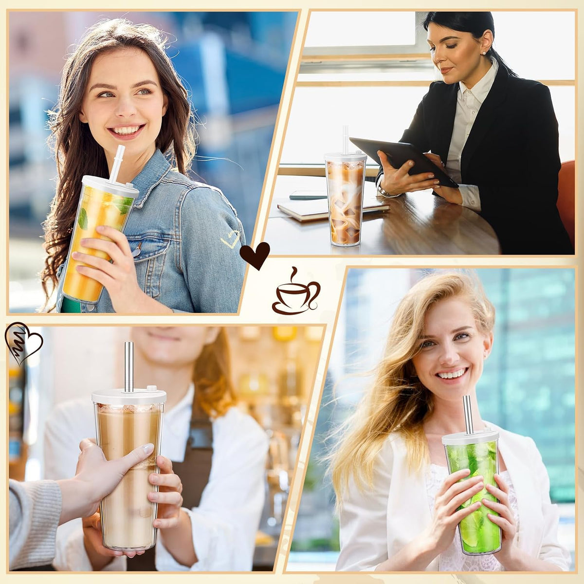 24 oz Reusable Iced Coffee Cups with Lids and Straws Leakproof Double Wall Insulated Clear Plastic Iced Coffee Tumblers with Straw Brushes