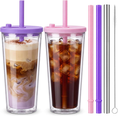 24 oz Reusable Iced Coffee Cups with Lids and Straws Leakproof Double Wall Insulated Clear Plastic Iced Coffee Tumblers with Straw Brushes