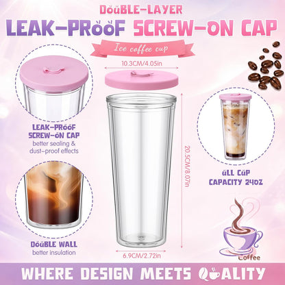 24 oz Reusable Iced Coffee Cups with Lids and Straws Leakproof Double Wall Insulated Clear Plastic Iced Coffee Tumblers with Straw Brushes