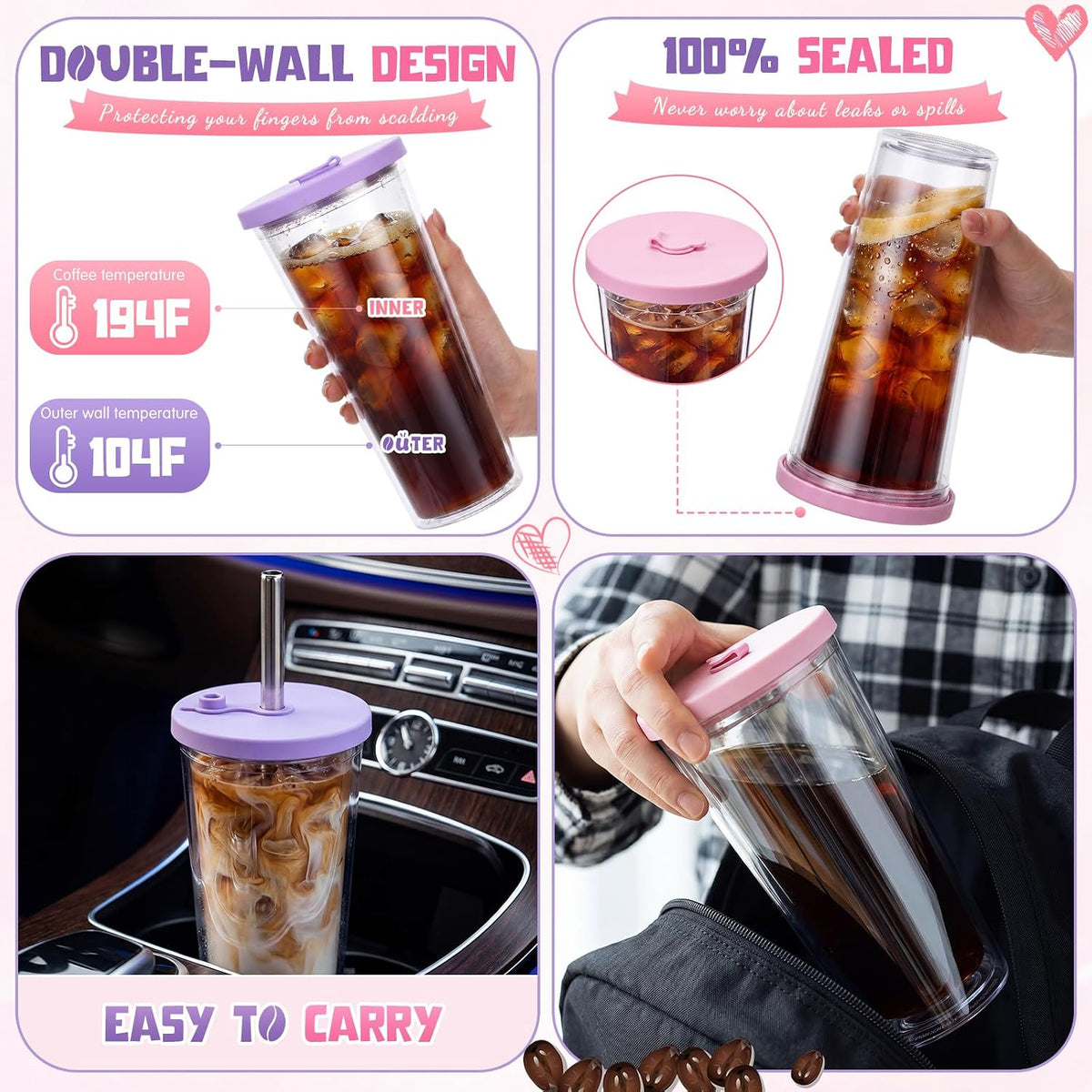 24 oz Reusable Iced Coffee Cups with Lids and Straws Leakproof Double Wall Insulated Clear Plastic Iced Coffee Tumblers with Straw Brushes
